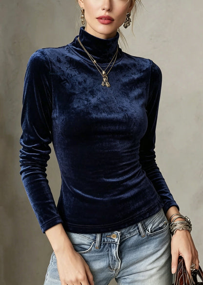 French Navy Hign Neck Slim Fit Velour Blouse Tops Fall