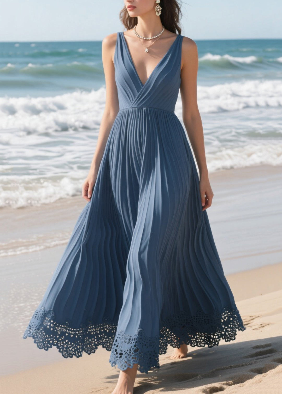 French Navy Lace Patchwork Wrinkled Vacation Dress Summer