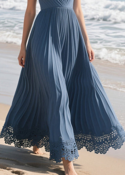 French Navy Lace Patchwork Wrinkled Vacation Dress Summer