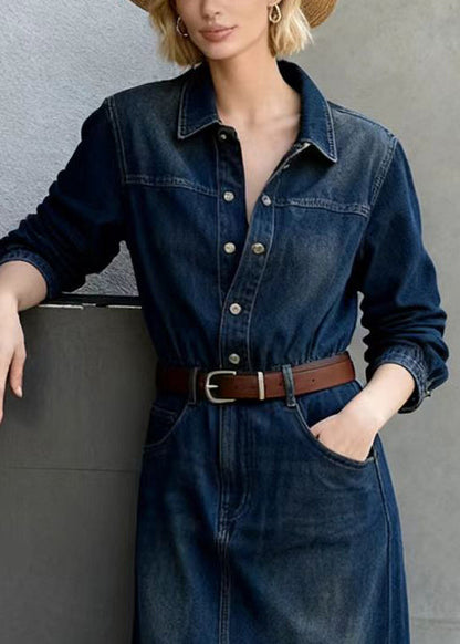 French Navy Peter Pan Collar Tie Waist Denim Long Dress Spring