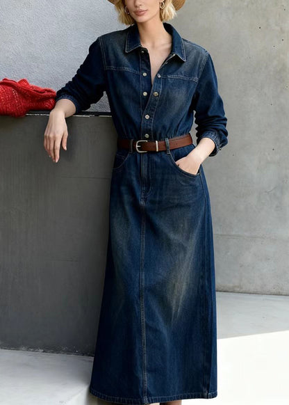French Navy Peter Pan Collar Tie Waist Denim Long Dress Spring