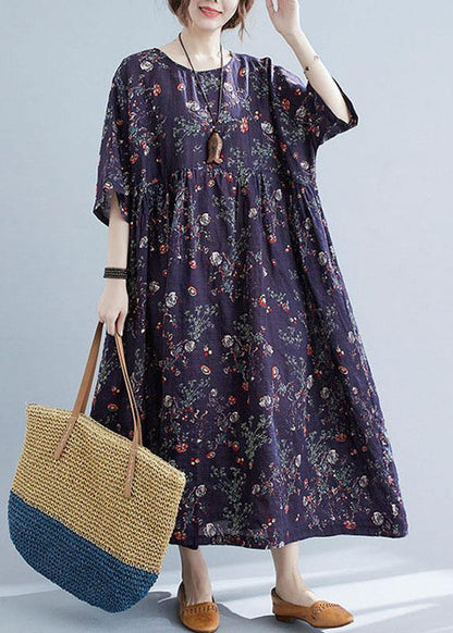 French Navy Print Pockets Loose Summer Half Sleeve Long Dress - SooLinen