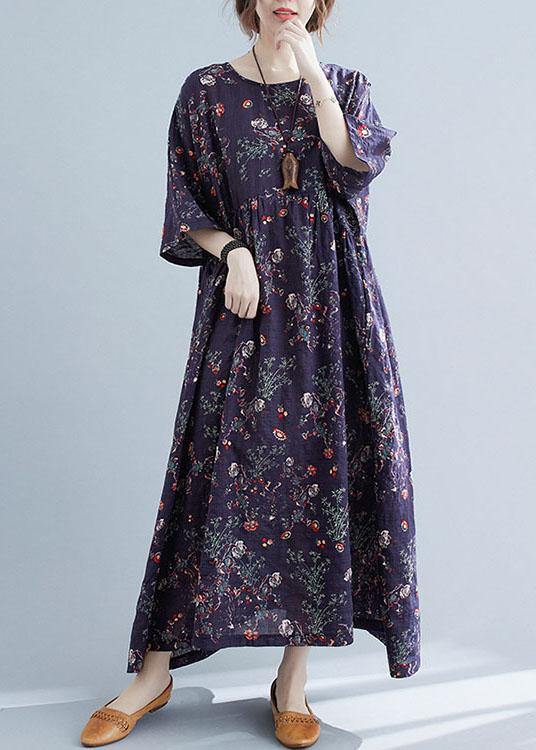 French Navy Print Pockets Loose Summer Half Sleeve Long Dress - SooLinen
