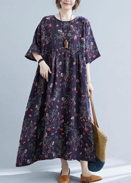 French Navy Print Pockets Loose Summer Half Sleeve Long Dress - SooLinen