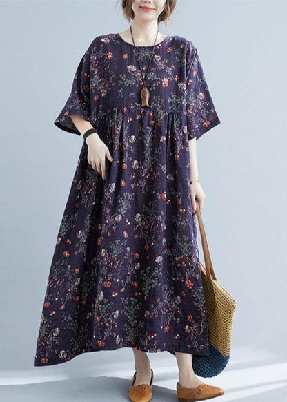 French Navy Print Pockets Loose Summer Half Sleeve Long Dress - SooLinen