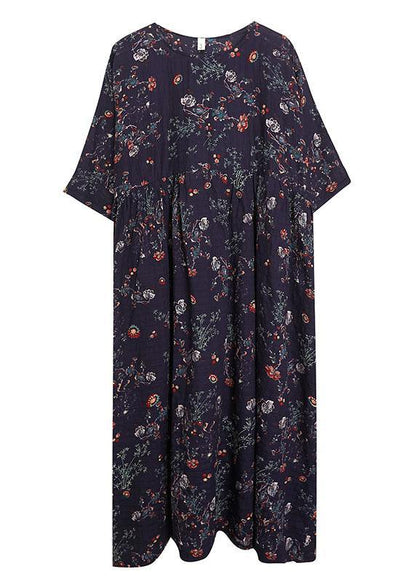 French Navy Print Pockets Loose Summer Half Sleeve Long Dress - SooLinen