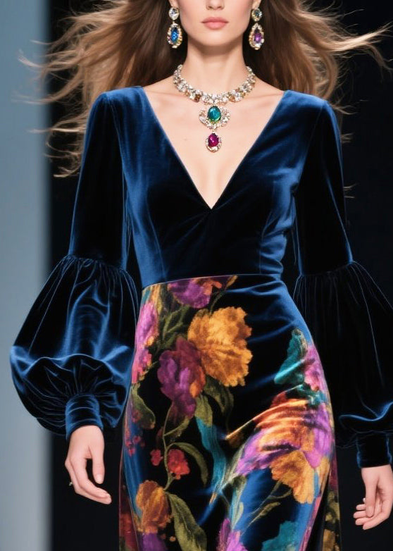 Vestido largo de terciopelo de seda con abertura lateral y estampado azul marino francés para primavera