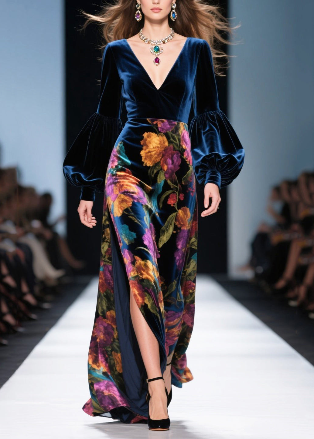 Vestido largo de terciopelo de seda con abertura lateral y estampado azul marino francés para primavera