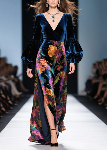 Vestido largo de terciopelo de seda con abertura lateral y estampado azul marino francés para primavera