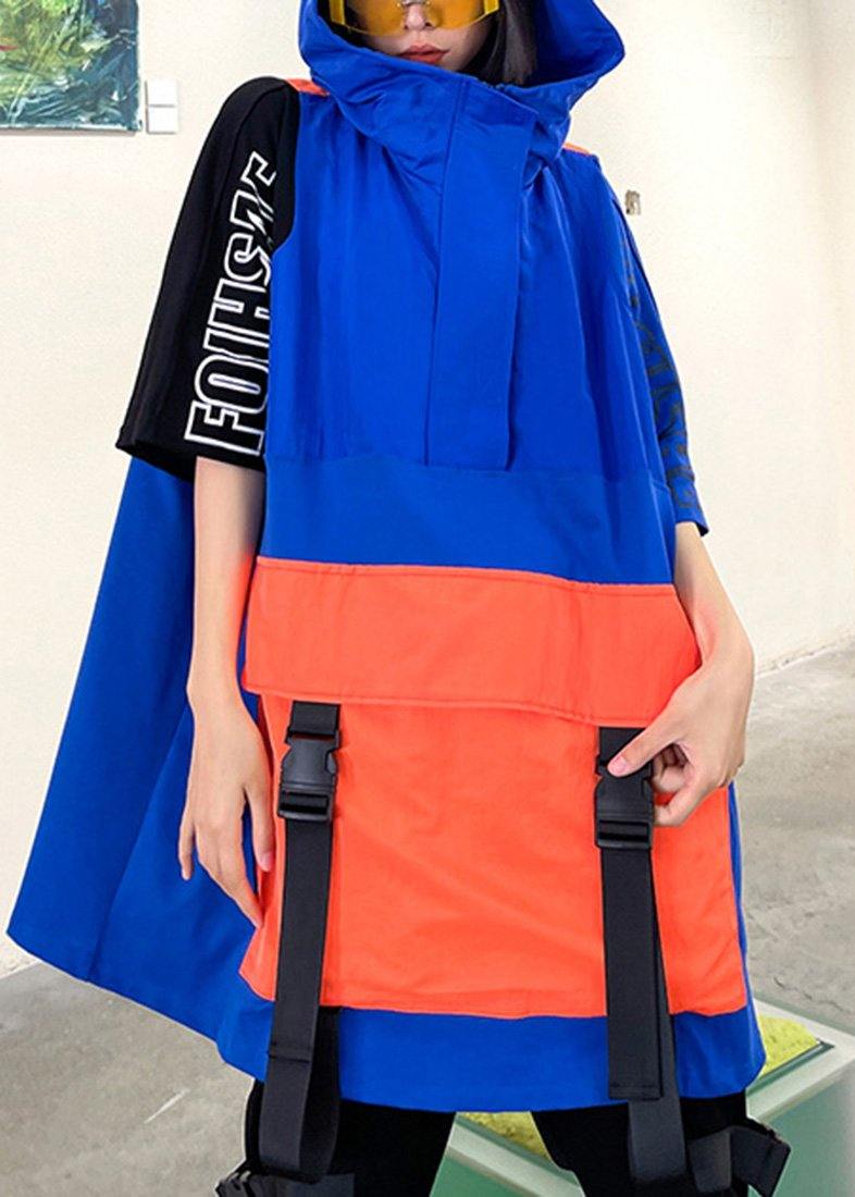 French Navy Spring hooded Patchwork Tops Half Sleeve - SooLinen