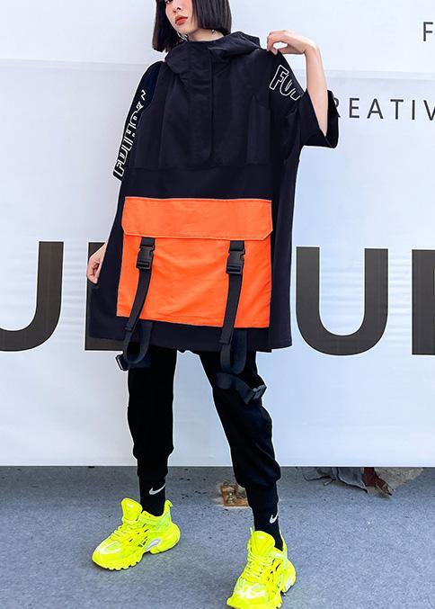 French Navy Spring hooded Patchwork Tops Half Sleeve - SooLinen