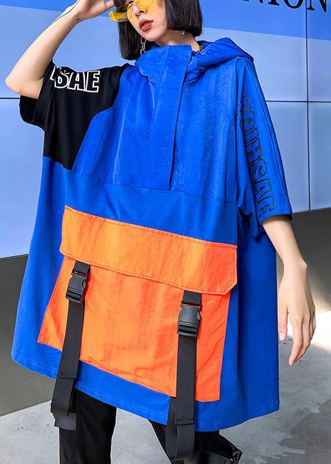 French Navy Spring hooded Patchwork Tops Half Sleeve - SooLinen