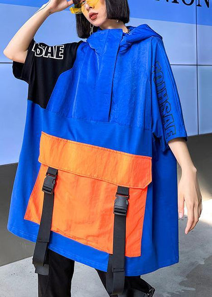 French Navy Spring hooded Patchwork Tops Half Sleeve - SooLinen