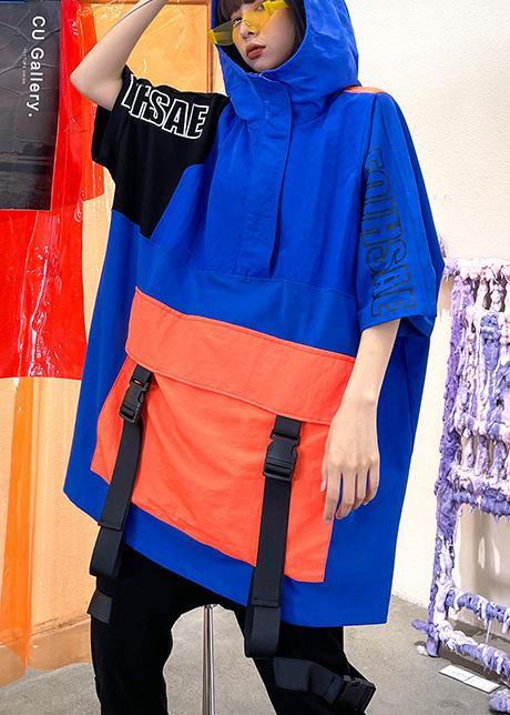 French Navy Spring hooded Patchwork Tops Half Sleeve - SooLinen