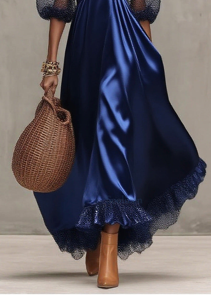 French Navy Square Collar Tulle Patchwork Draping Party Dresses Lantern Sleeve