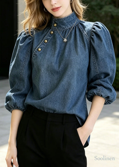 French Navy Stand Collar Golden Button Denim Shirts Puff Sleeve