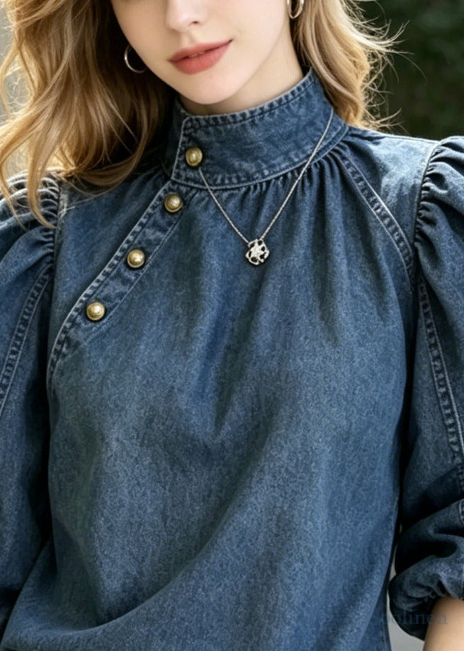 French Navy Stand Collar Golden Button Denim Shirts Puff Sleeve