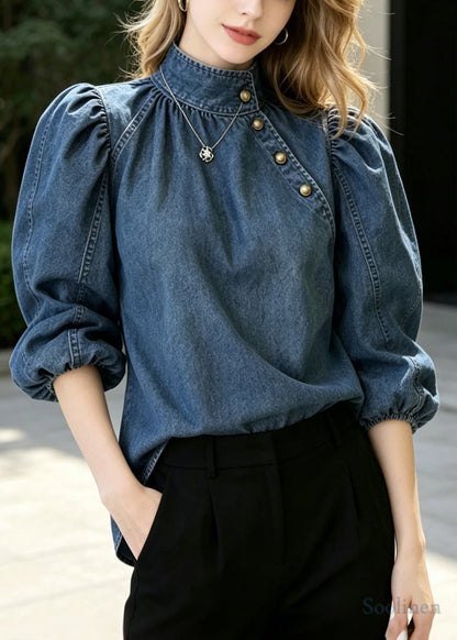 French Navy Stand Collar Golden Button Denim Shirts Puff Sleeve
