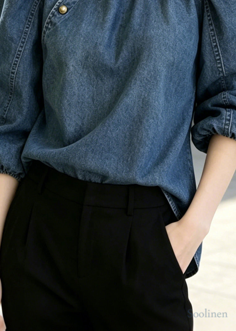 French Navy Stand Collar Golden Button Denim Shirts Puff Sleeve