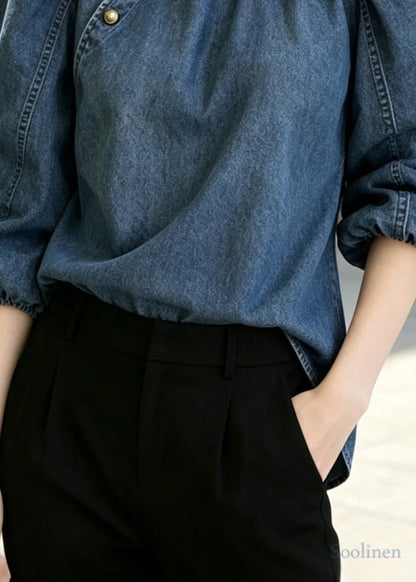 French Navy Stand Collar Golden Button Denim Shirts Puff Sleeve