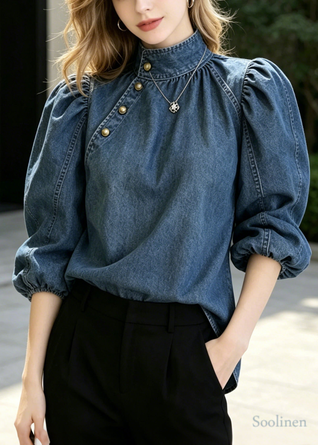 French Navy Stand Collar Golden Button Denim Shirts Puff Sleeve