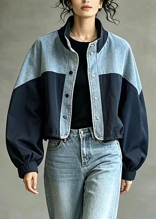 French Navy Stand Collar Oversized Patchwork Denim Jacket Fall