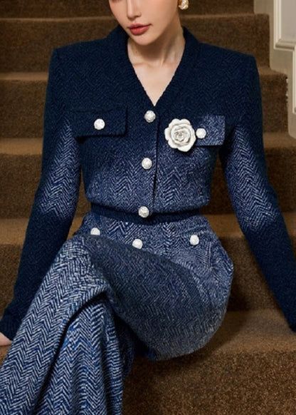 Französisch-marineblaue, gestreifte Stricksets mit Blumenmuster, 2-teilig, Frühling