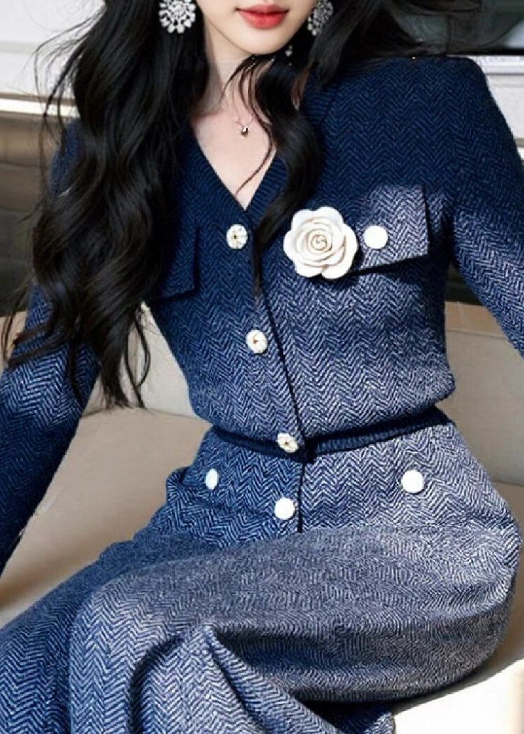 Französisch-marineblaue, gestreifte Stricksets mit Blumenmuster, 2-teilig, Frühling