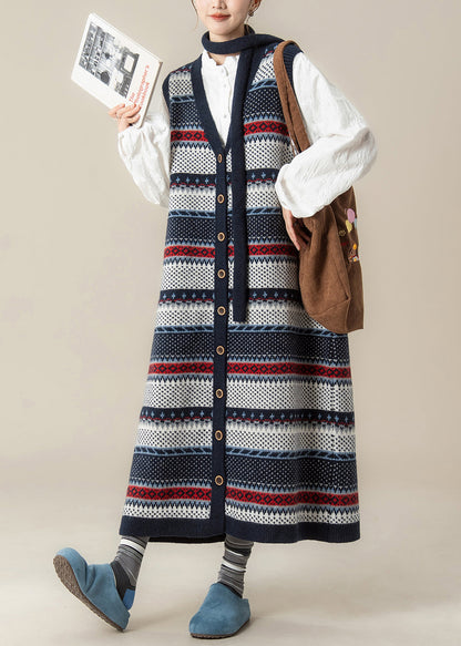 Französisches Marineblaues V-Ausschnitt-Jacquard-Strickwestenkleid und Hemden 2-teiliges Outfit Winter