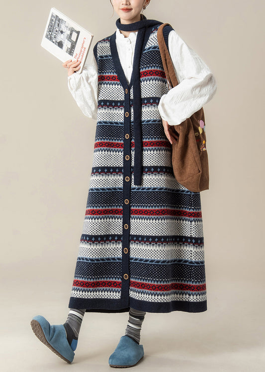 Französisches Marineblaues V-Ausschnitt-Jacquard-Strickwestenkleid und Hemden 2-teiliges Outfit Winter