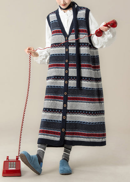 Französisches Marineblaues V-Ausschnitt-Jacquard-Strickwestenkleid und Hemden 2-teiliges Outfit Winter