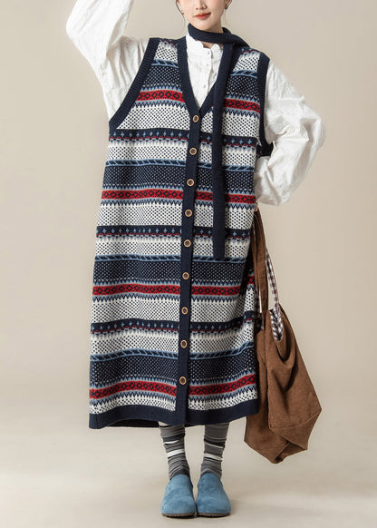 Französisches Marineblaues V-Ausschnitt-Jacquard-Strickwestenkleid und Hemden 2-teiliges Outfit Winter