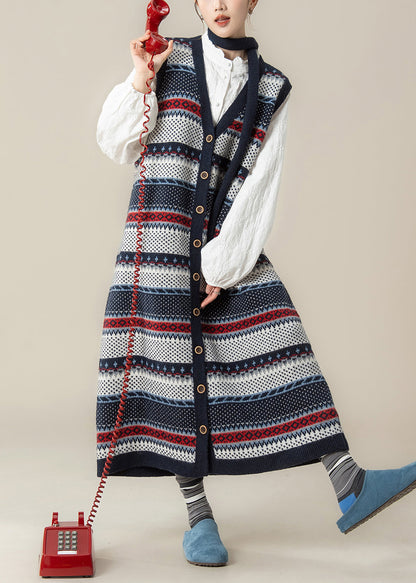 Französisches Marineblaues V-Ausschnitt-Jacquard-Strickwestenkleid und Hemden 2-teiliges Outfit Winter