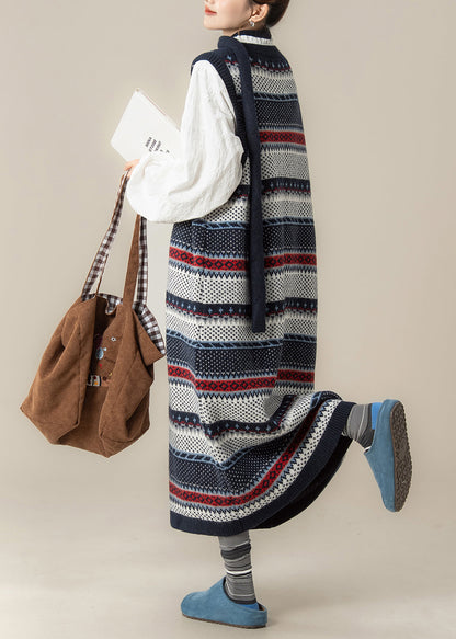 Französisches Marineblaues V-Ausschnitt-Jacquard-Strickwestenkleid und Hemden 2-teiliges Outfit Winter