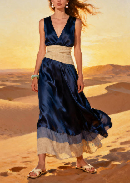 French Navy V Neck Patchwork Silk Vacation Dresses Summer