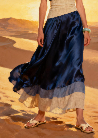 French Navy V Neck Patchwork Silk Vacation Dresses Summer