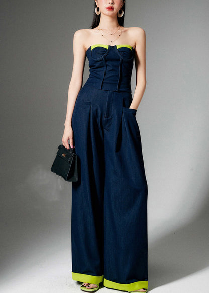 French Navy Zippered Tank And Wide Leg Pants Two Pieces Set Sleeveless