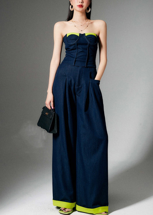 French Navy Zippered Tank And Wide Leg Pants Two Pieces Set Sleeveless