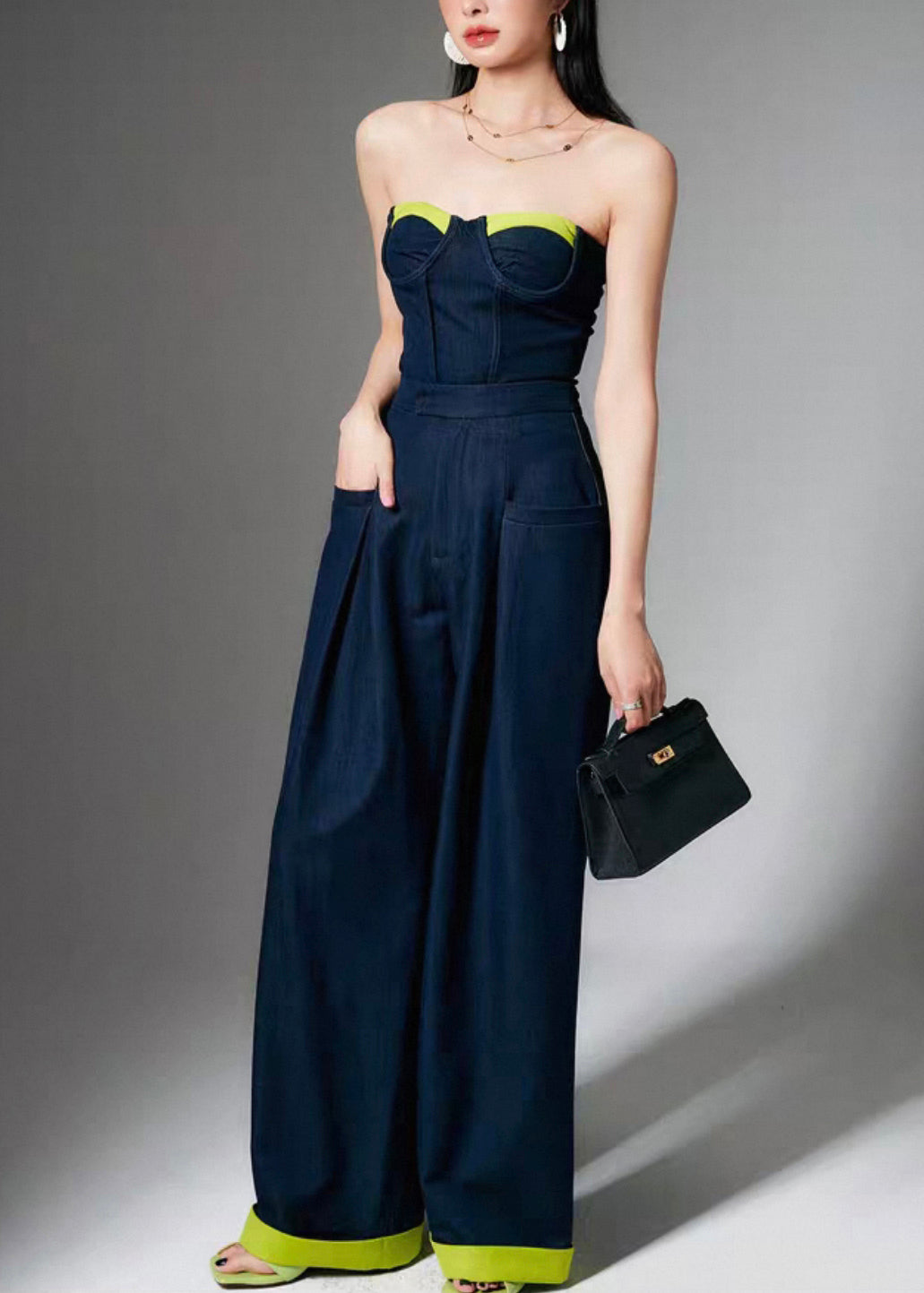 French Navy Zippered Tank And Wide Leg Pants Two Pieces Set Sleeveless