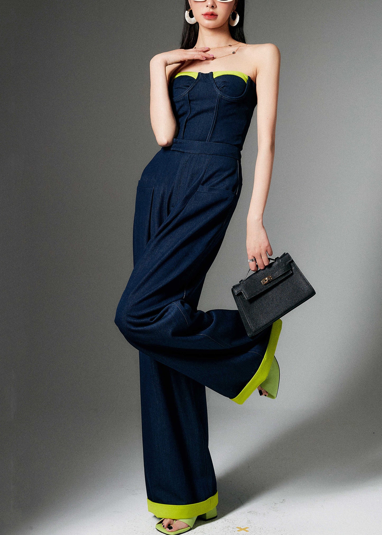 French Navy Zippered Tank And Wide Leg Pants Two Pieces Set Sleeveless