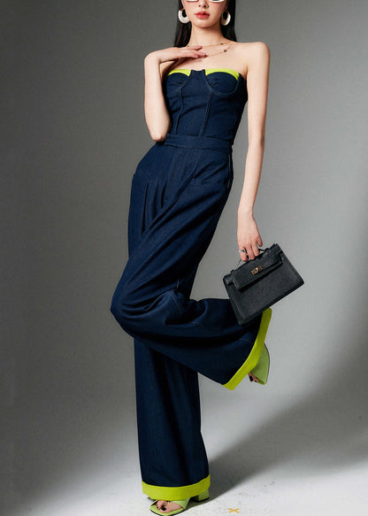 French Navy Zippered Tank And Wide Leg Pants Two Pieces Set Sleeveless