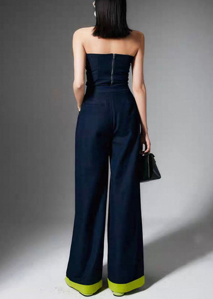 French Navy Zippered Tank And Wide Leg Pants Two Pieces Set Sleeveless