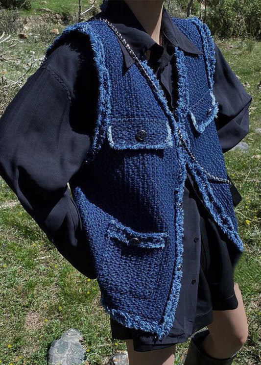 Französische Marine Retro-Weste aus Denim mit V-Ausschnitt und Taschen