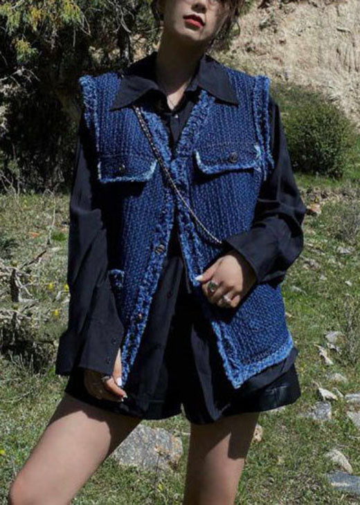 Französische Marine Retro-Weste aus Denim mit V-Ausschnitt und Taschen