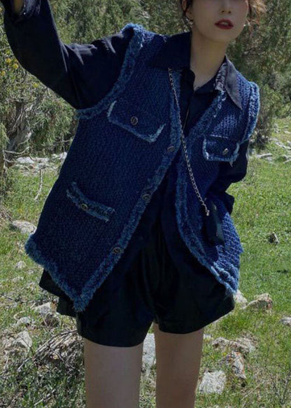 Französische Marine Retro-Weste aus Denim mit V-Ausschnitt und Taschen