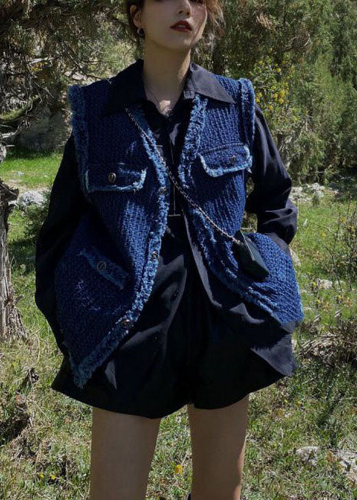 Französische Marine Retro-Weste aus Denim mit V-Ausschnitt und Taschen