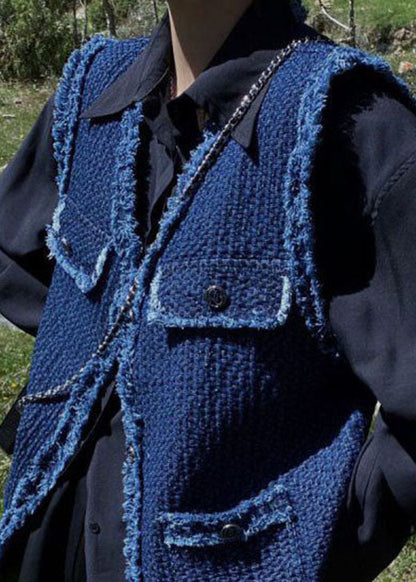 Französische Marine Retro-Weste aus Denim mit V-Ausschnitt und Taschen