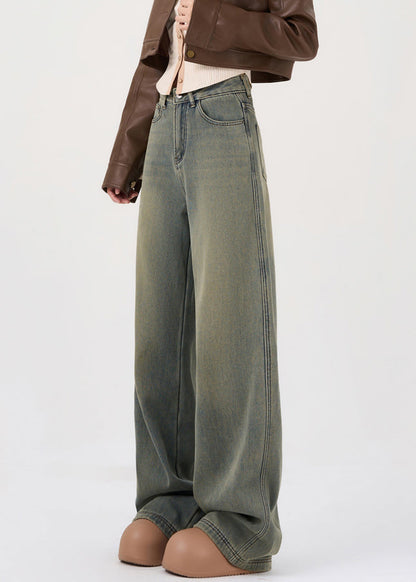 French Nostalgic Blue Pockets High Waist Warm Fleece Denim Pants Spring