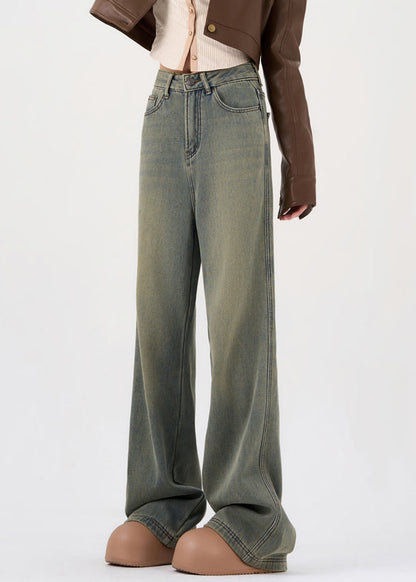 French Nostalgic Blue Pockets High Waist Warm Fleece Denim Pants Spring