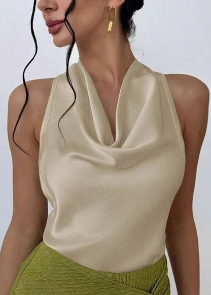 French Nude Turtle Neck Silk Tops Sleeveless